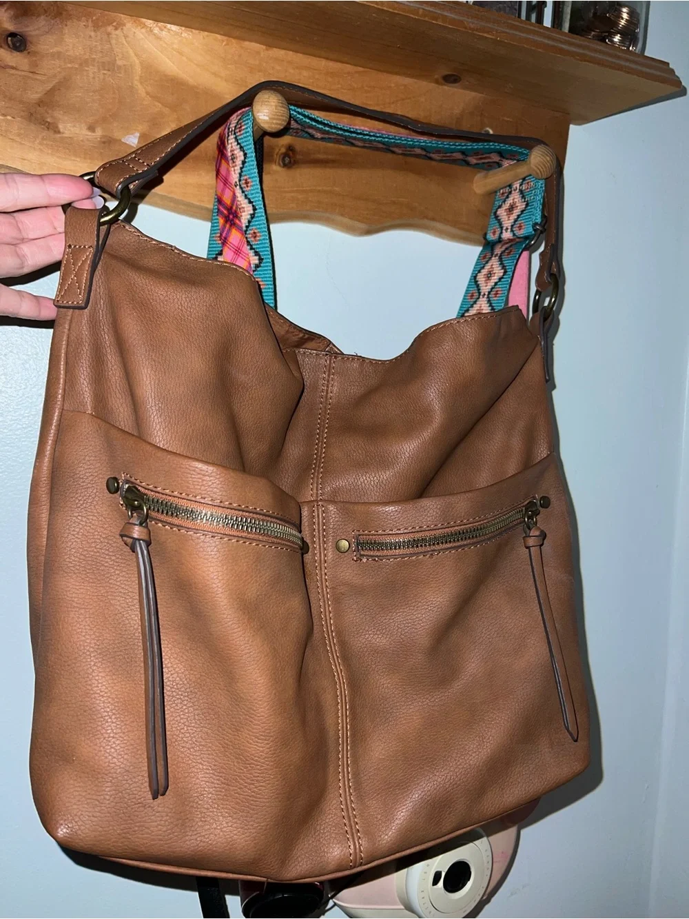 Stylish Brown Leather Shoulder Bag with Patterned Straps